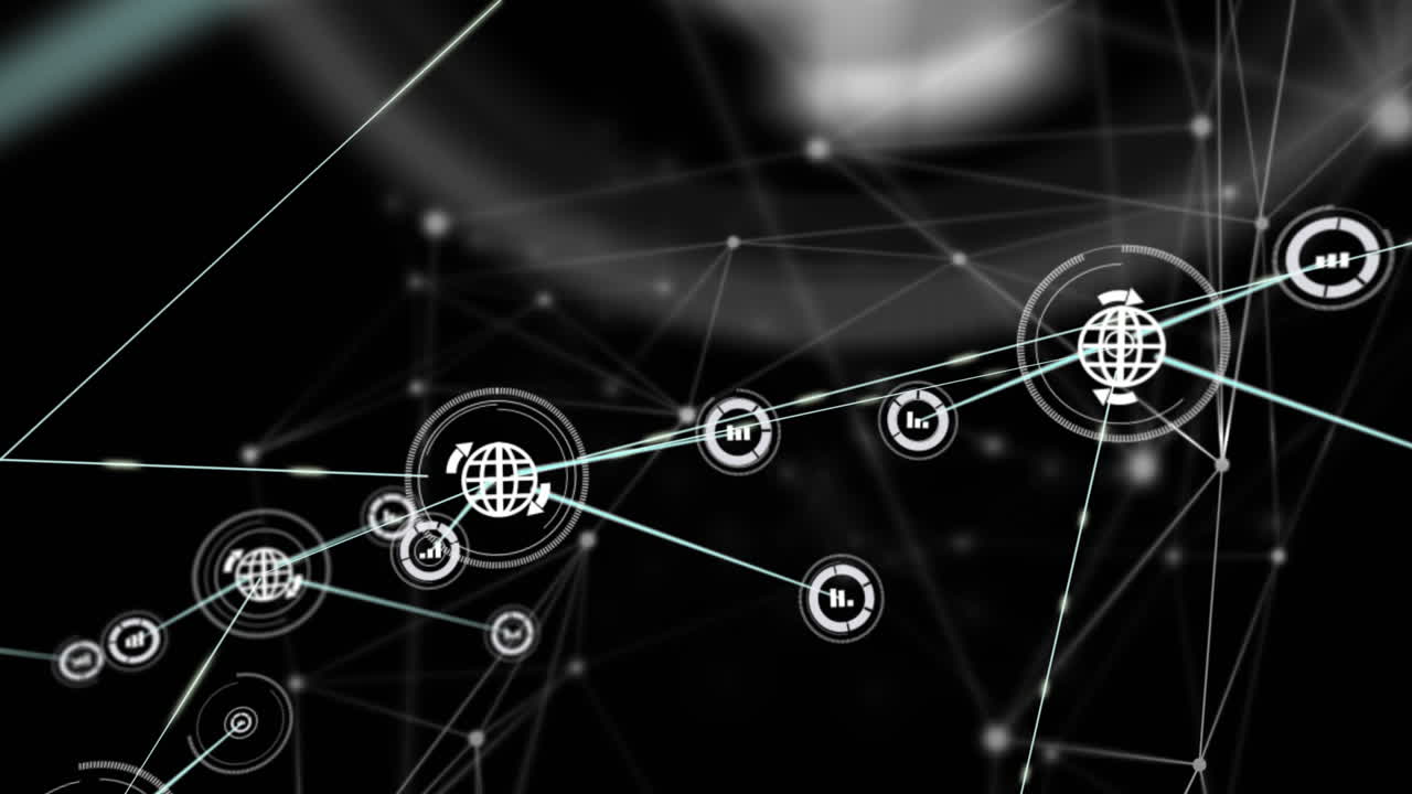 Animation of networks of connections with icons over black background