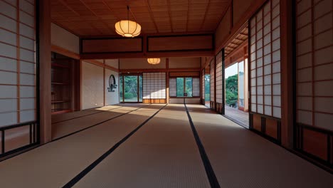 spacious traditional japanese room with tatami mats, shoji screens, and wooden beams. soft light highlights serene, minimalist aesthetics.