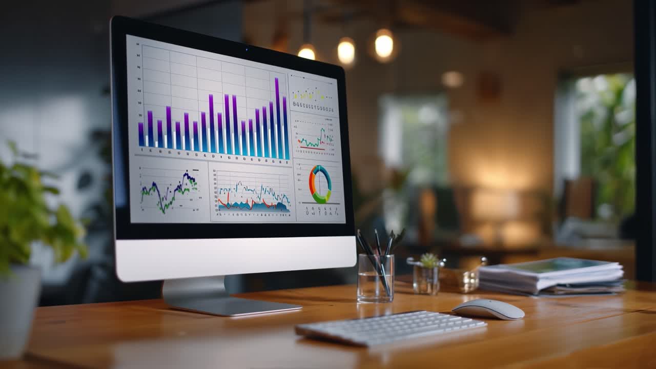 Analyse av finansielle data på en moderne dataskjerm med fargerike grafer, diagrammer og statistikk i et veldesignet kontormiljø