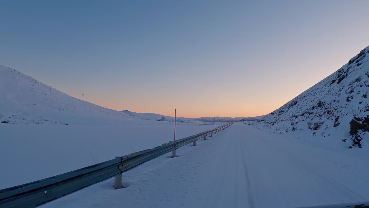 Winter Sunset Drive in the Arctic Mountains