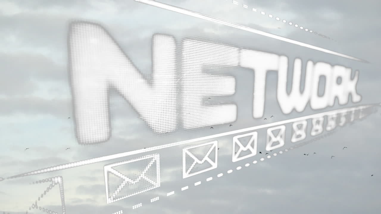 하늘 위의 네트워크 텍스트 및 메일 아이콘의 애니메이션