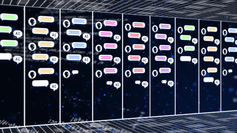 animation of ai text, icons and data processing over computer servers