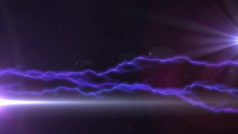 Animation-of-glowing-purple-lightning-flashes-and-white-beam-of-light-on-dark-background