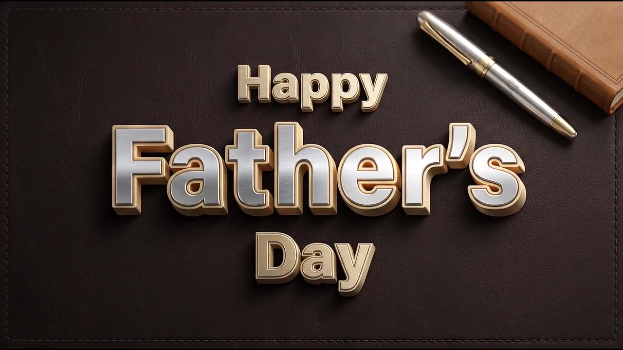 Animazione di banner festivo "Buona Festa del Papà" con tipografia elegante, penna e taccuino su sfondo in pelle.