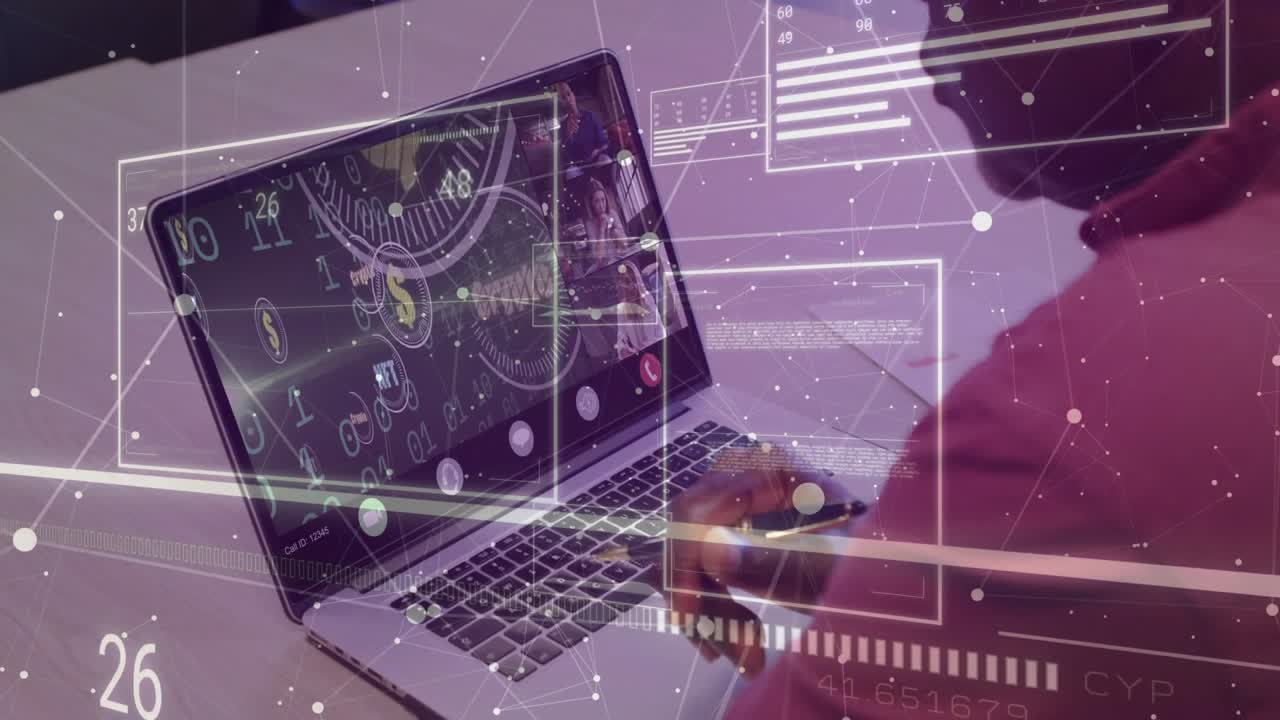 Man tapping trackpad and sliding over laptop, causing financial HUD panels to update charts