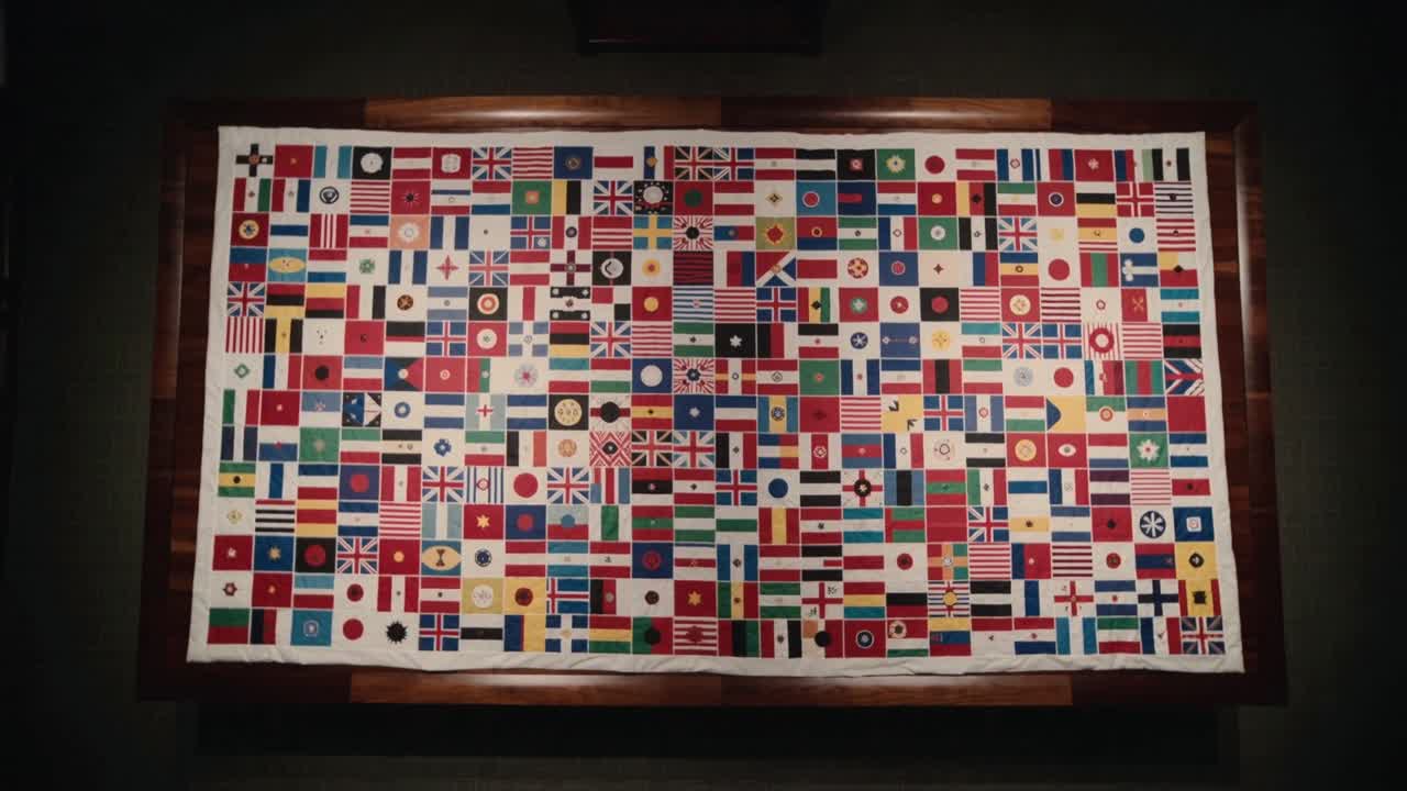 Zoomující kamera se oddaluje, odhaluje zarámovanou koláž vlajek na stěně galerie, aby ukázala celou kompozici.