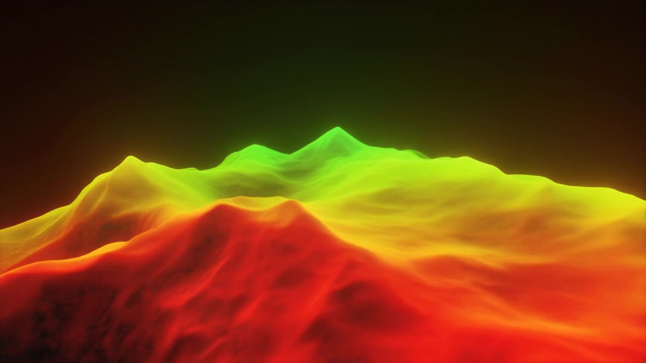 Paesaggio astratto luminoso con terreno ondulato in rosso e verde