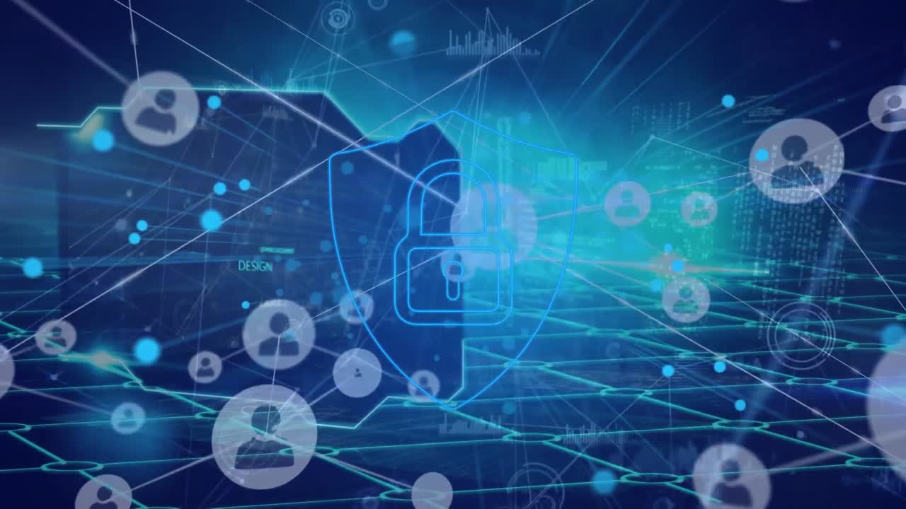 animación de la red de conexiones con iconos sobre el procesamiento de datos sobre fondo azul