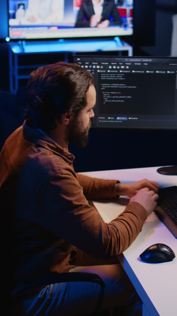 Focused Programmer Coding Late at Night in a Dark Office