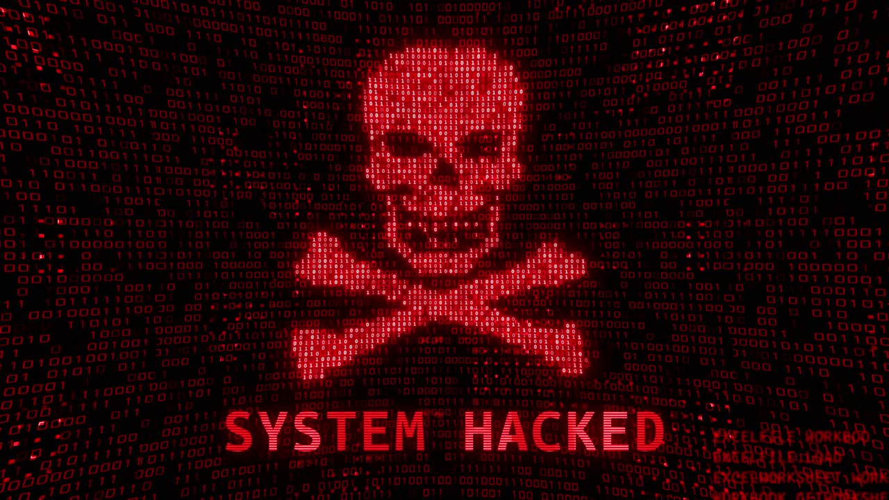 Skull system hacked bones made from letters with broken technology glitch software piracy computer