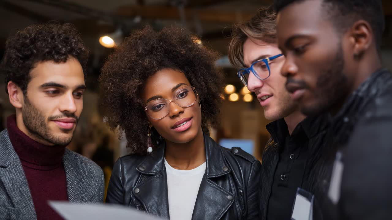 A group of four young friends, all engaged in a lively discussion, gathers around a sheet of paper, exchanging ideas and insights in a warm and inviting indoor setting, fostering creative collaboration