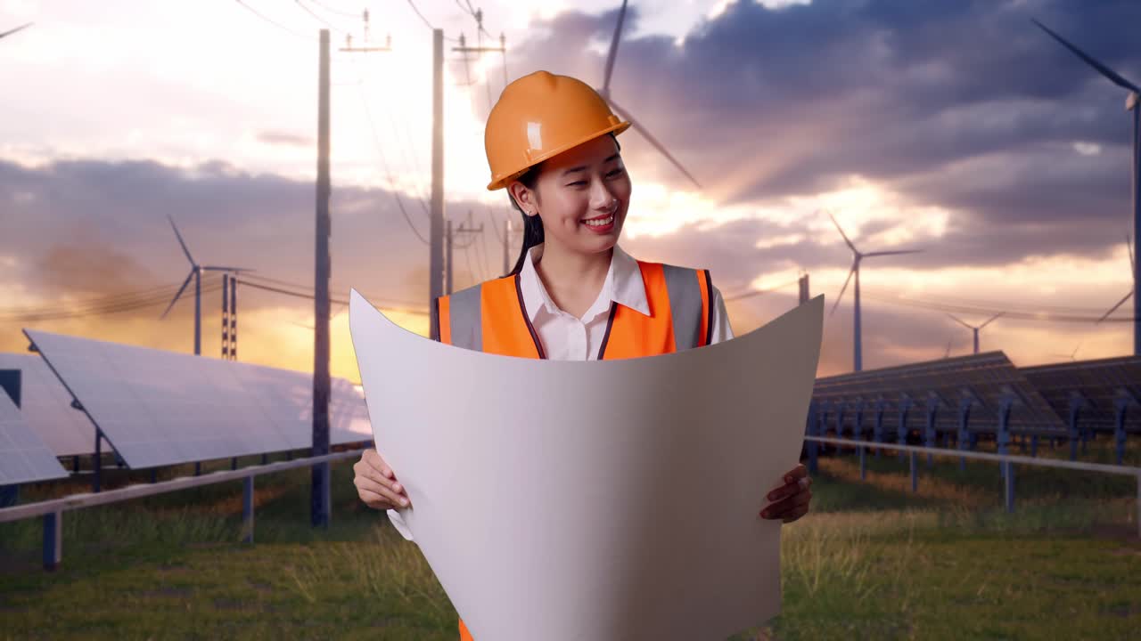 Asian Female Engineer With Safety Helmet Looking At Blueprint In Her Hands And Looking Around With Solar Panel and Wind Turbines