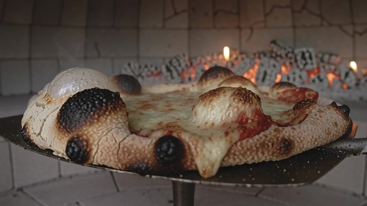 Borda de pizza assada em forno a lenha borbulhando e queijo derretendo dentro de forno de azulejos com brasas
