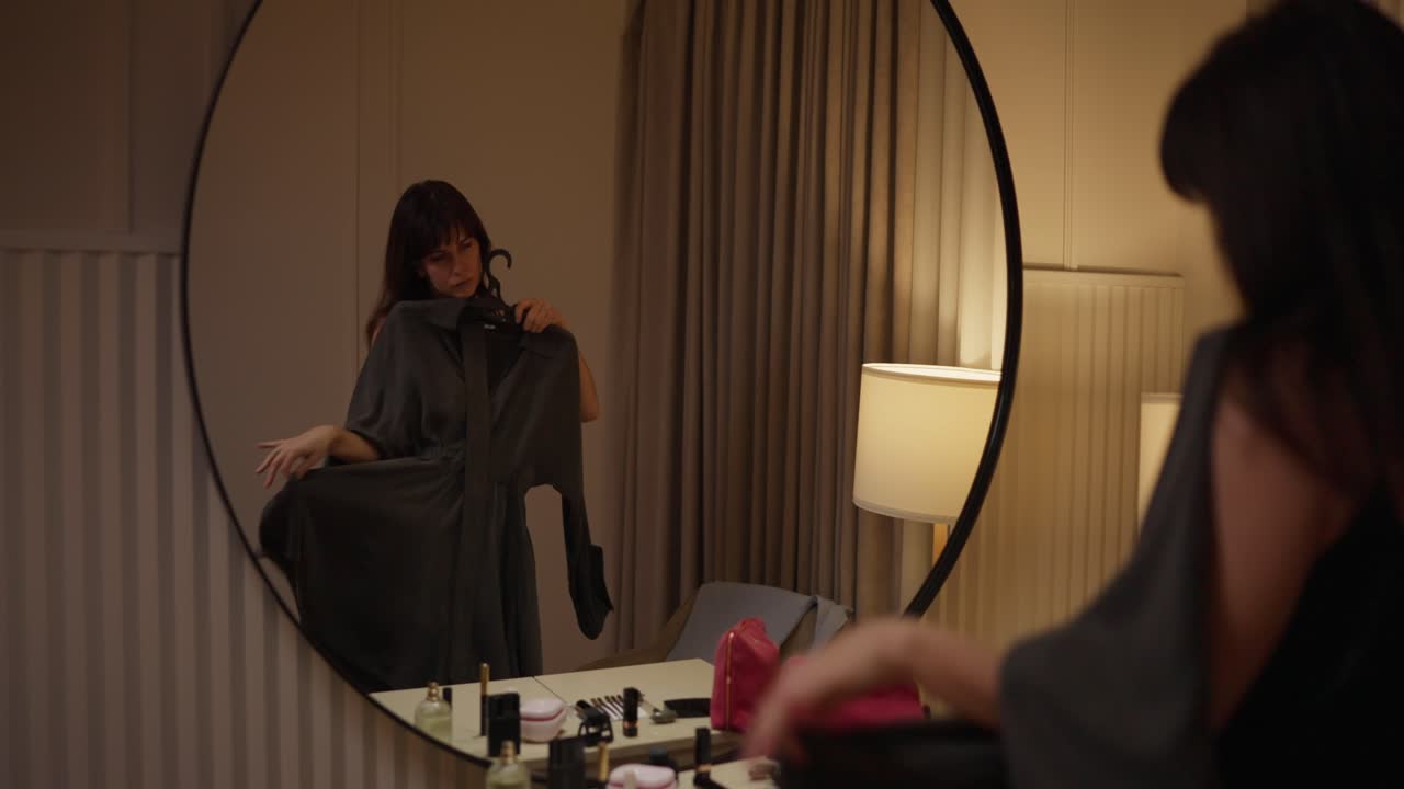 Woman Choosing Clothes in Front of Mirror