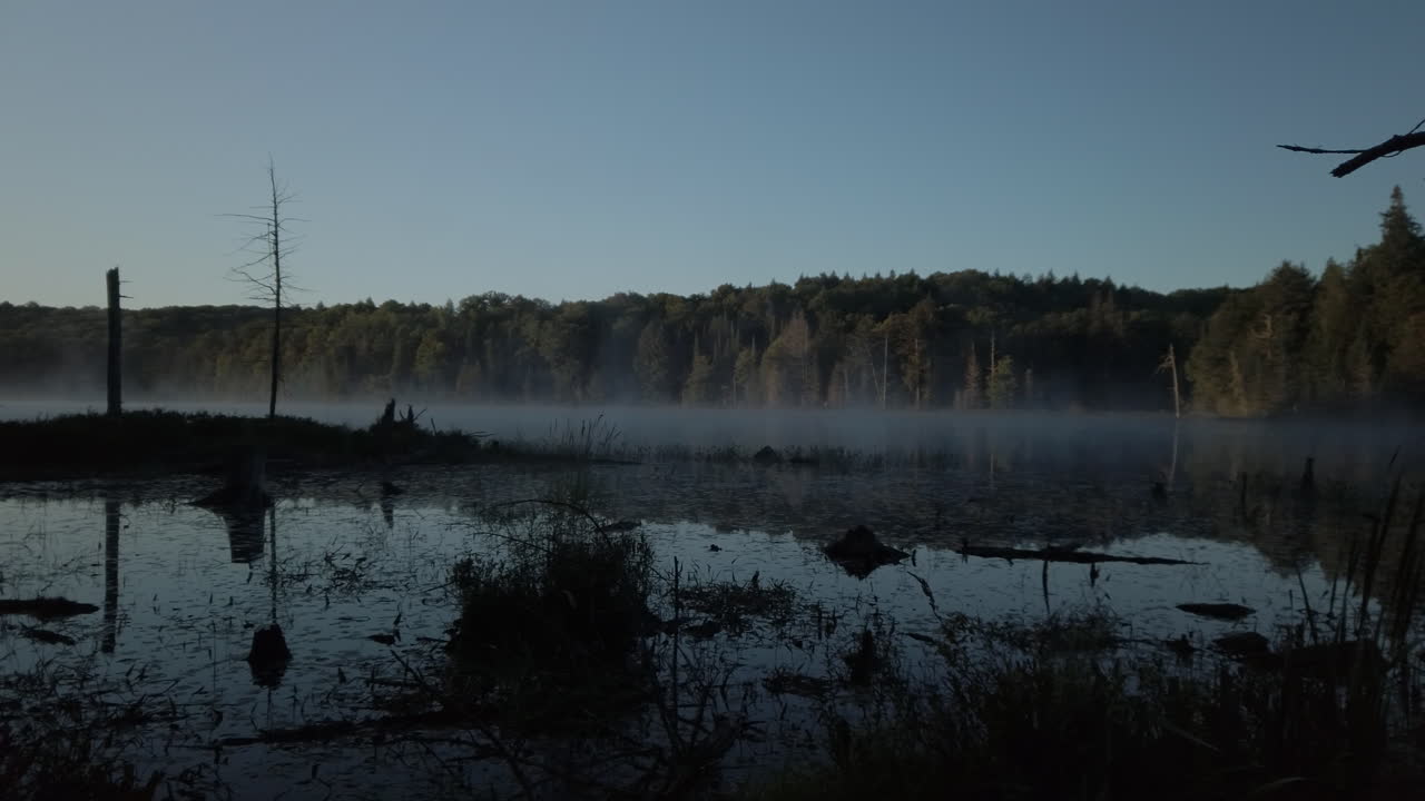 toma panorámica de derecha a izquierda de la niebla matutina que se eleva sobre el lago lee