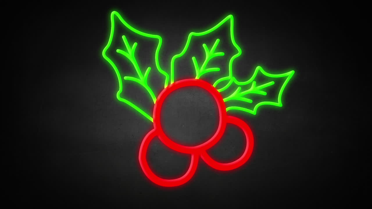 Insegna al neon con agrifoglio e bacche su sfondo nero