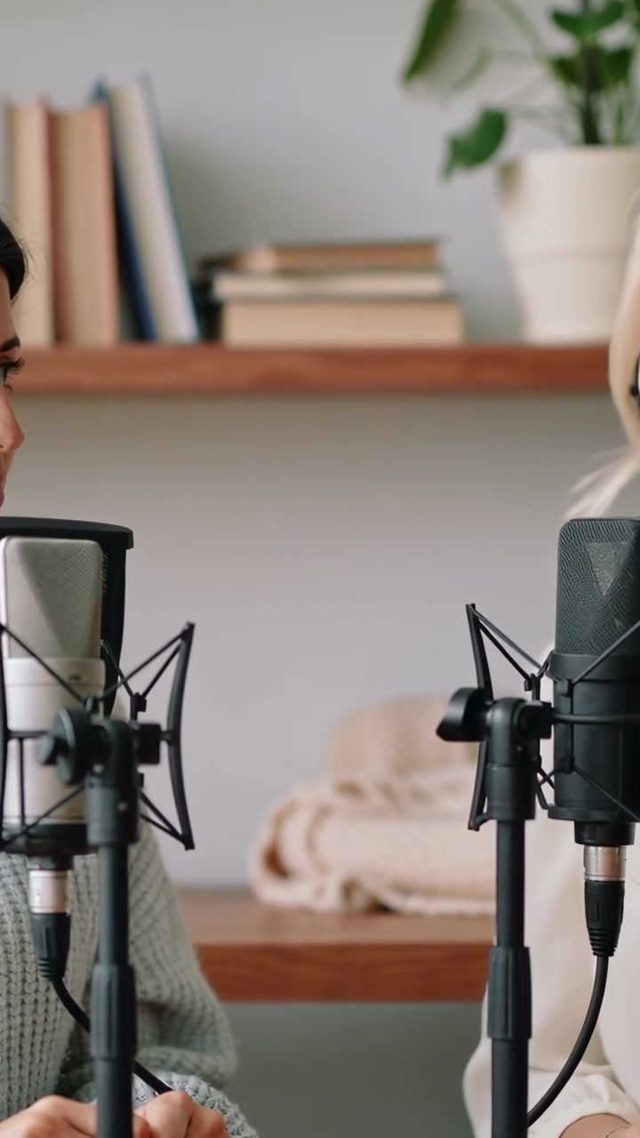 Video verticale: Co-conduttori che registrano parlando in uno studio casalingo con microfoni e cuffie per un podcast