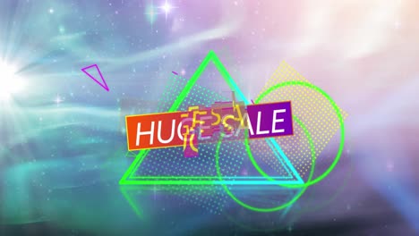 animación de un enorme texto de venta en un banner de rojo a púrpura sobre formas geométricas vibrantes
