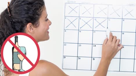 animation of stop sign and wine, over smiling caucasian woman crossing days of january on calendar