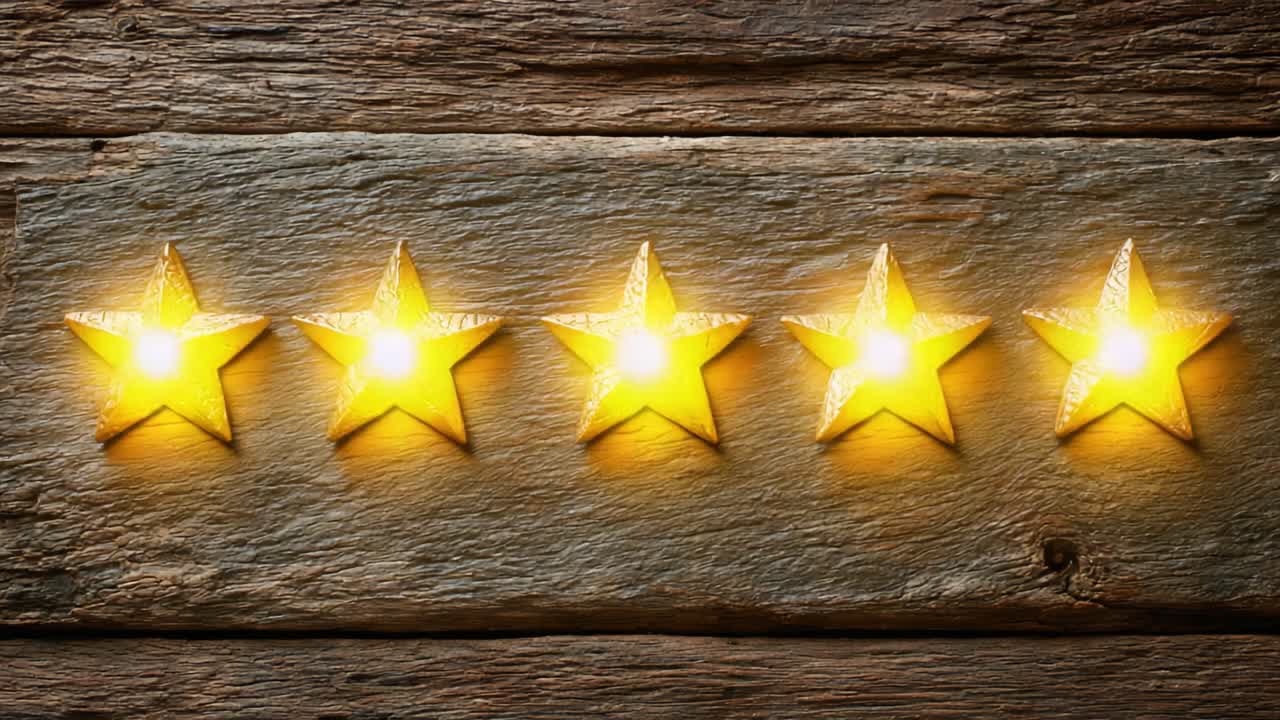 A close-up view of five intricately designed gold stars arranged on a rustic wooden surface, highlighting their artistic texture and craftsmanship in a natural setting