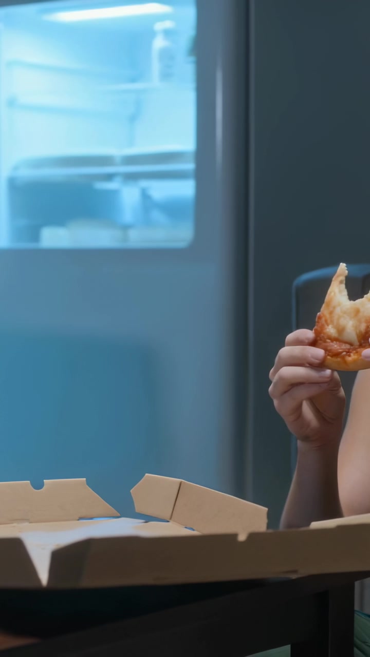 Vertical video: Reacting teen in grey top eating pizza slice at home with open box lit fridge
