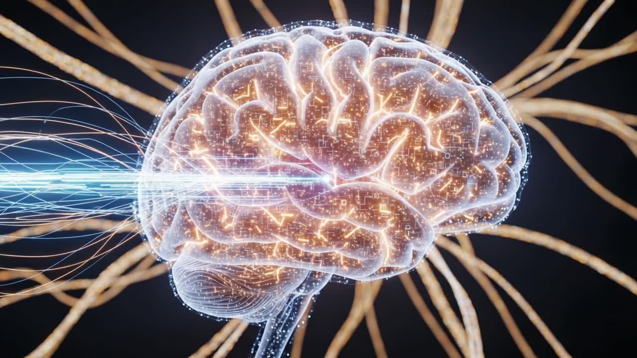 A Futuristic Representation of the Human Brain with Pulsating Neural Connections and Data Streams Highlighting Cognitive Processes and Digital Intelligence