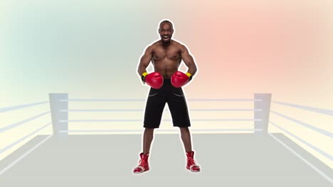 diseño de stop motion. arte animación 2d. hombre afroamericano como ganador feliz después de boxear sobre fondo de color. boxeador gracioso. moderno, conceptual, contemporáneo collage brillante 4k. video compuesto digital