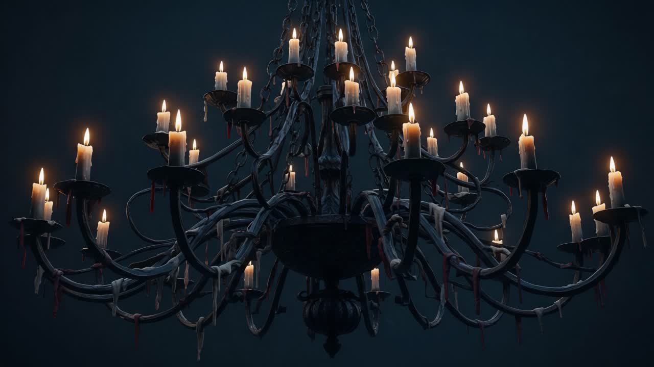 A Stunningly Dramatic Chandelier Illuminated by Flickering Candles in a Dark Atmosphere, Creating an Enigmatic and Captivating Visual Experience of Elegance