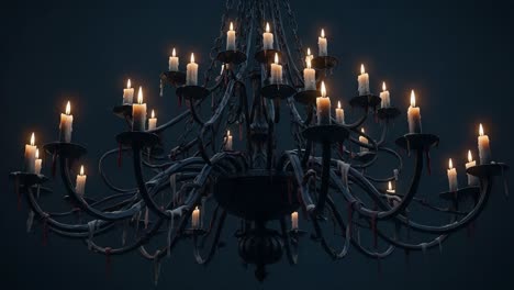 a stunningly dramatic chandelier illuminated by flickering candles in a dark atmosphere, creating an enigmatic and captivating visual experience of elegance