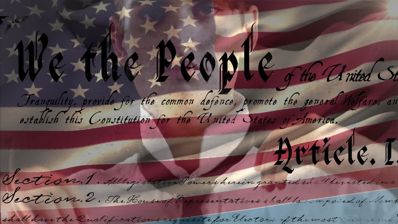 제1조의 애니메이션: 미국 국기 위에 있는 우리, 타이를 입은 백인 남성