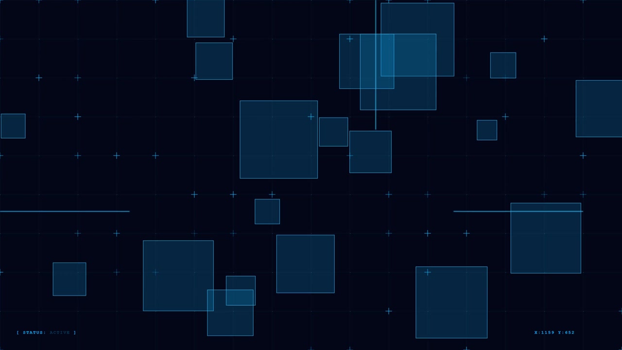 Digital HUD Interface with Floating Blue Squares and Grid Lines
