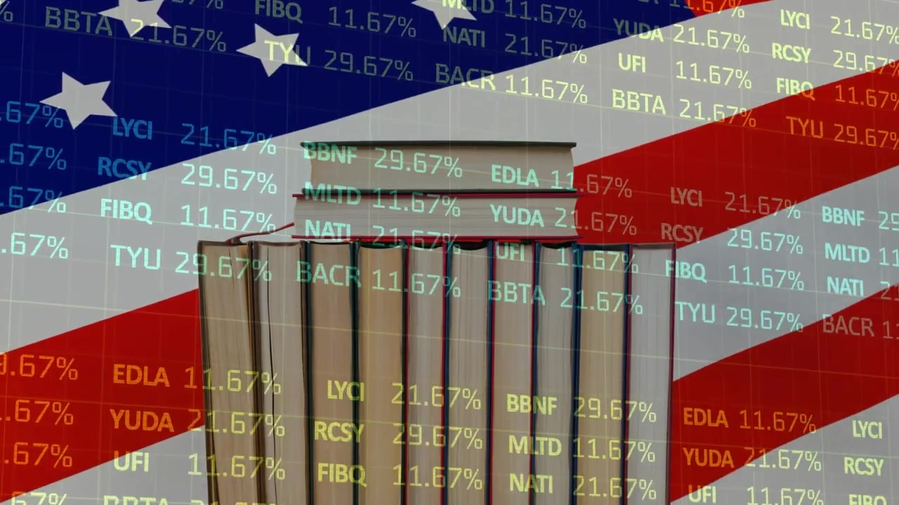 Digital animation of stock market data processing against data processing on blue background