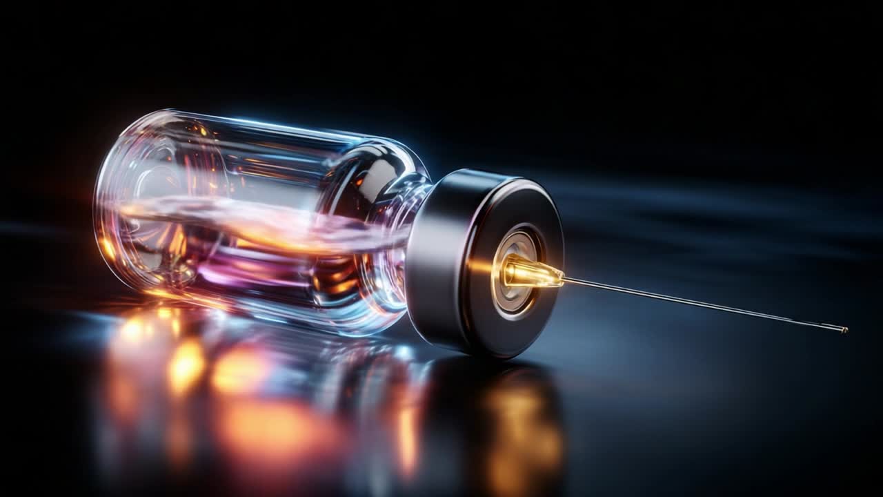 A close-up view of a transparent vial with a fine needle, showcasing its intricate design and glowing light reflections, emphasizing its purpose in medical applications and laboratory procedures