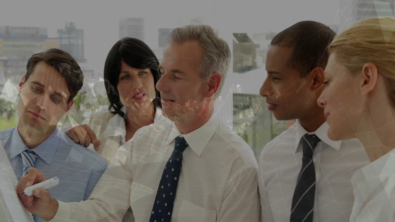 In office, business team discussing strategy with cityscape animation overlay