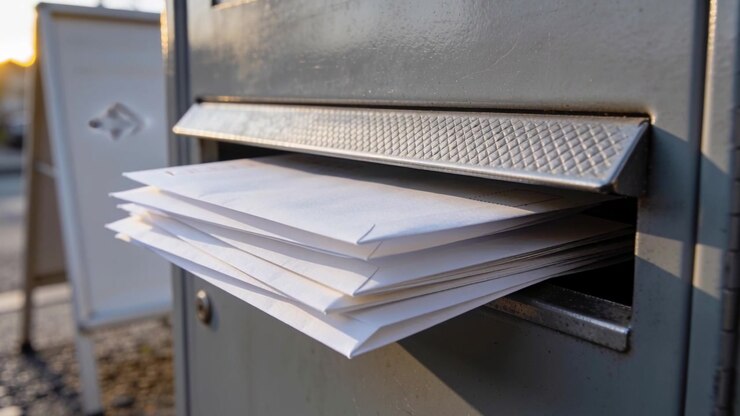 Shifting stack of white envelopes sliding from curb mailbox slot as carrier dropping mail, sunlight