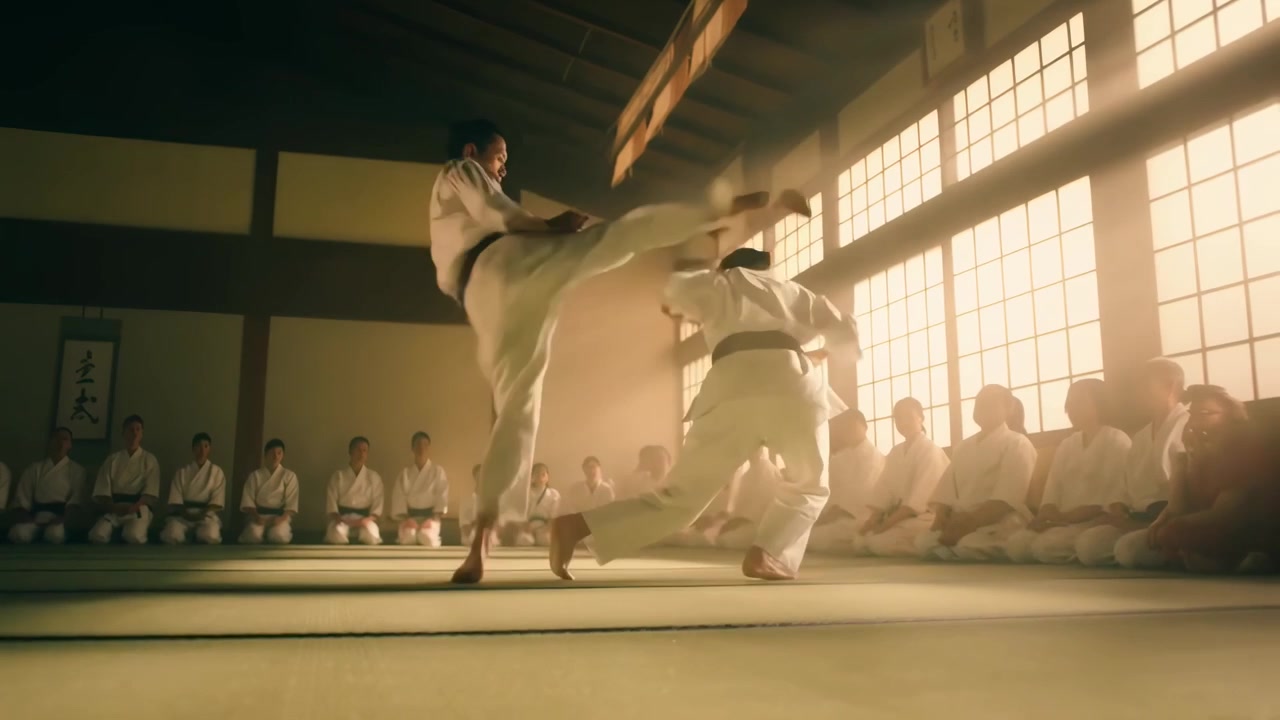 Due karateka che fanno sparring in un dojo tradizionale