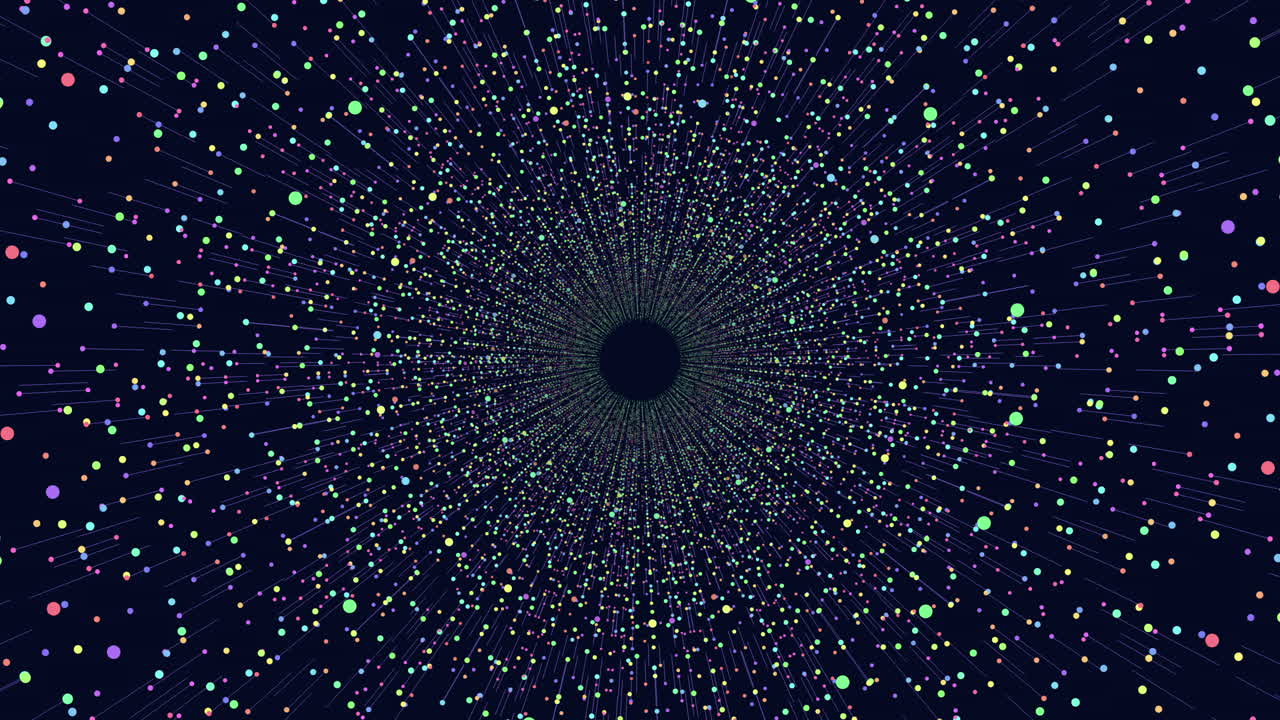 Colorful circular array of floating dots on a black background