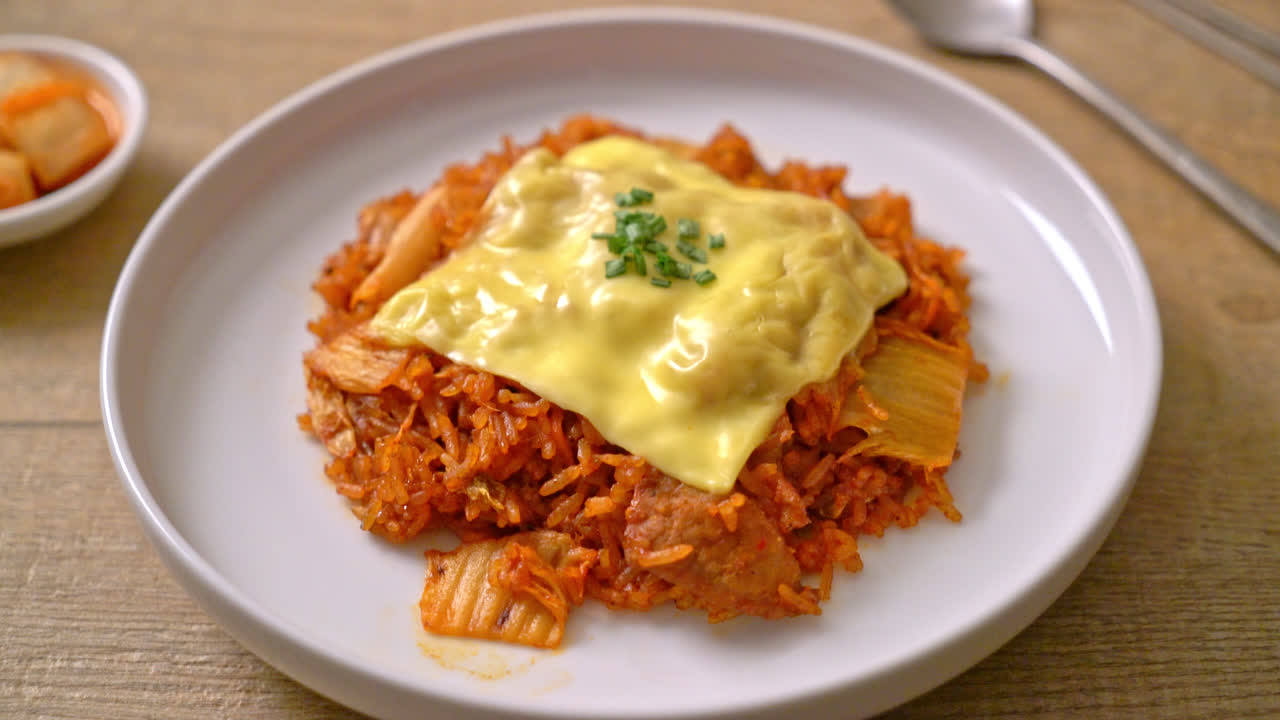 arroz frito con kimchi con carne de cerdo y queso coronado - estilo de comida asiática y de fusión
