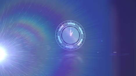 animation of clock with fast moving hands and light with lens flare over dark background