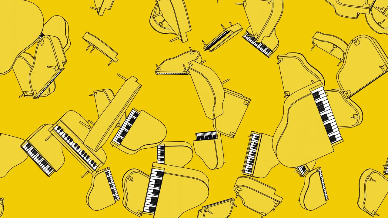 Molti pianoforti gialli su sfondo giallo.