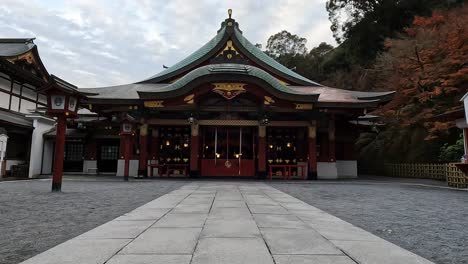 approaching the main hall of famous yutoku inari shrine in kyushu, japan