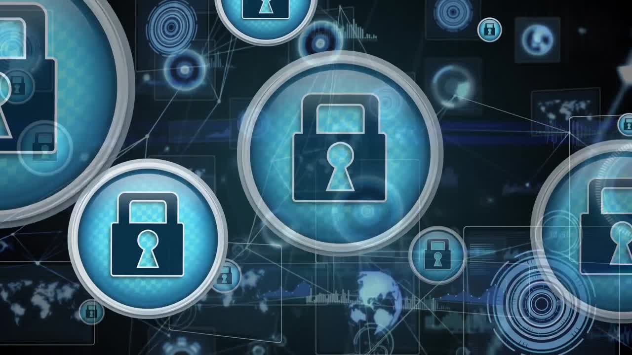 animación de iconos de candados y procesamiento de datos financieros sobre fondo negro