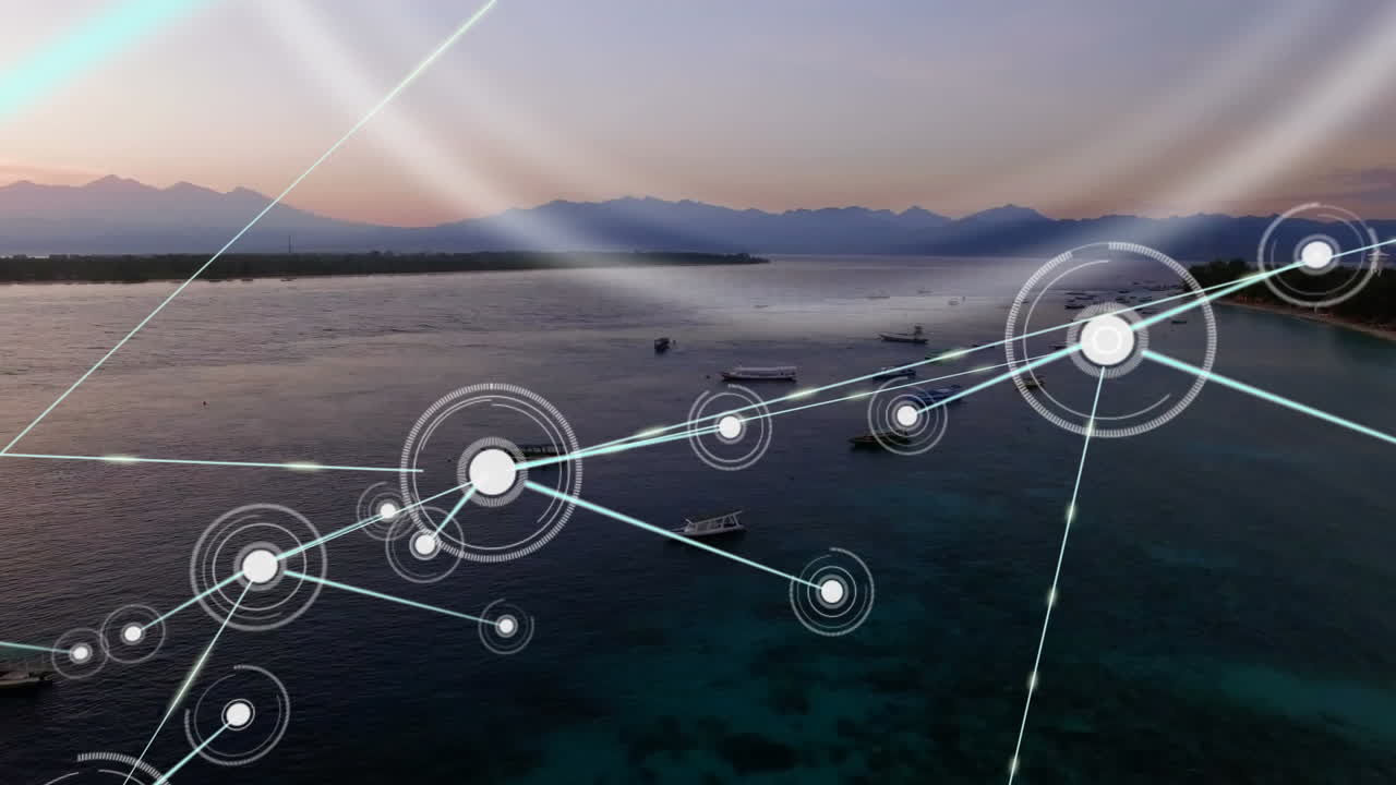 animación de la red de conexiones con iconos sobre el paisaje