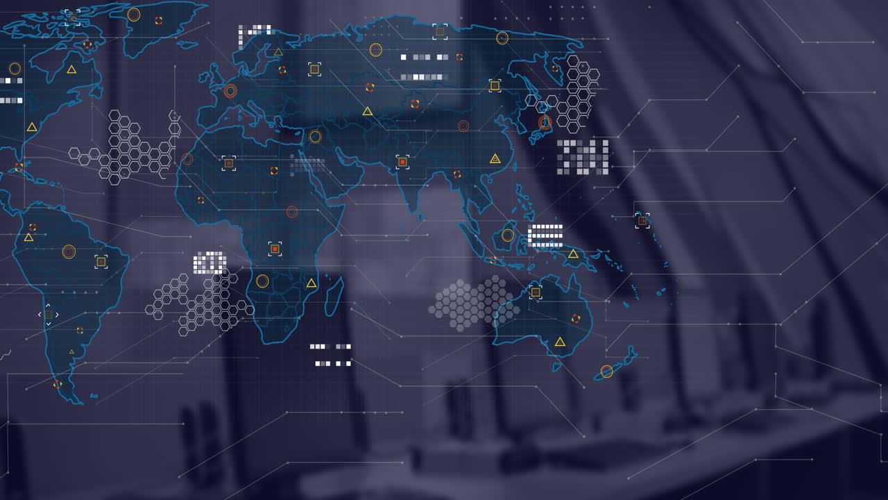 Animation of financial data processing and world map over desk in office