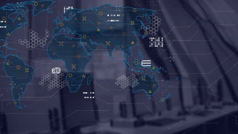 Animation-of-financial-data-processing-and-world-map-over-desk-in-office