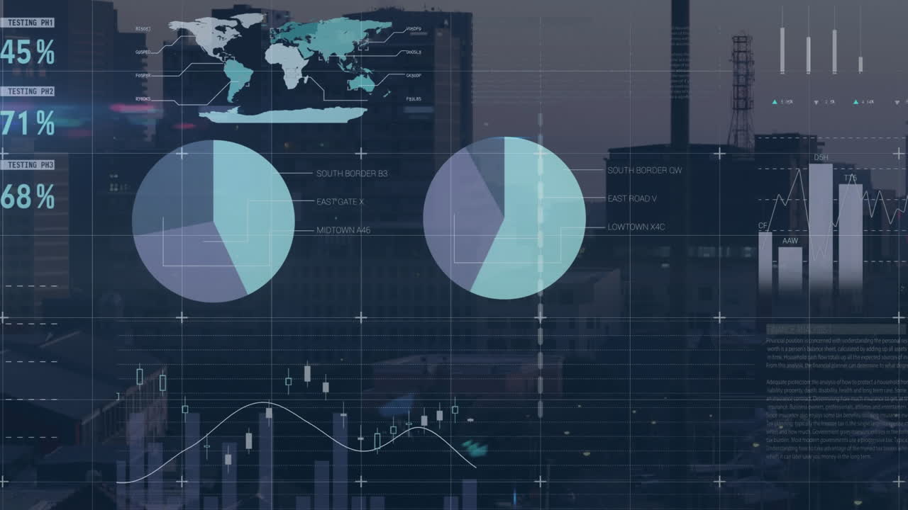 Animation of data processing and world map over cityscape