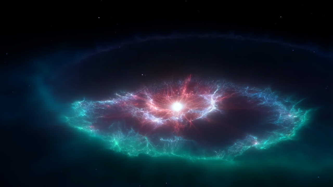 Kosmisk tågeeksplosion med elektrisk plasma, strålende stjernekern, blågrønne og magenta gasskyer, lyn.