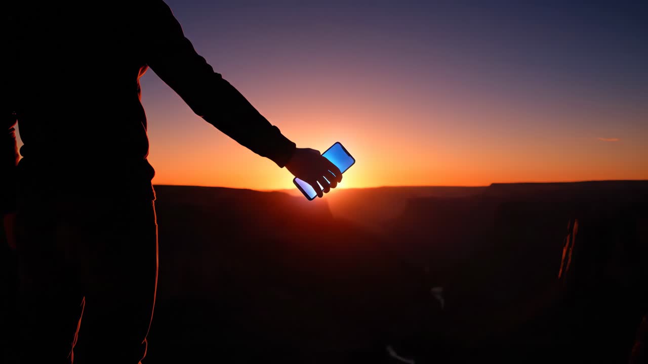 Sunset over a canyon landscape with a person holding a smartphone