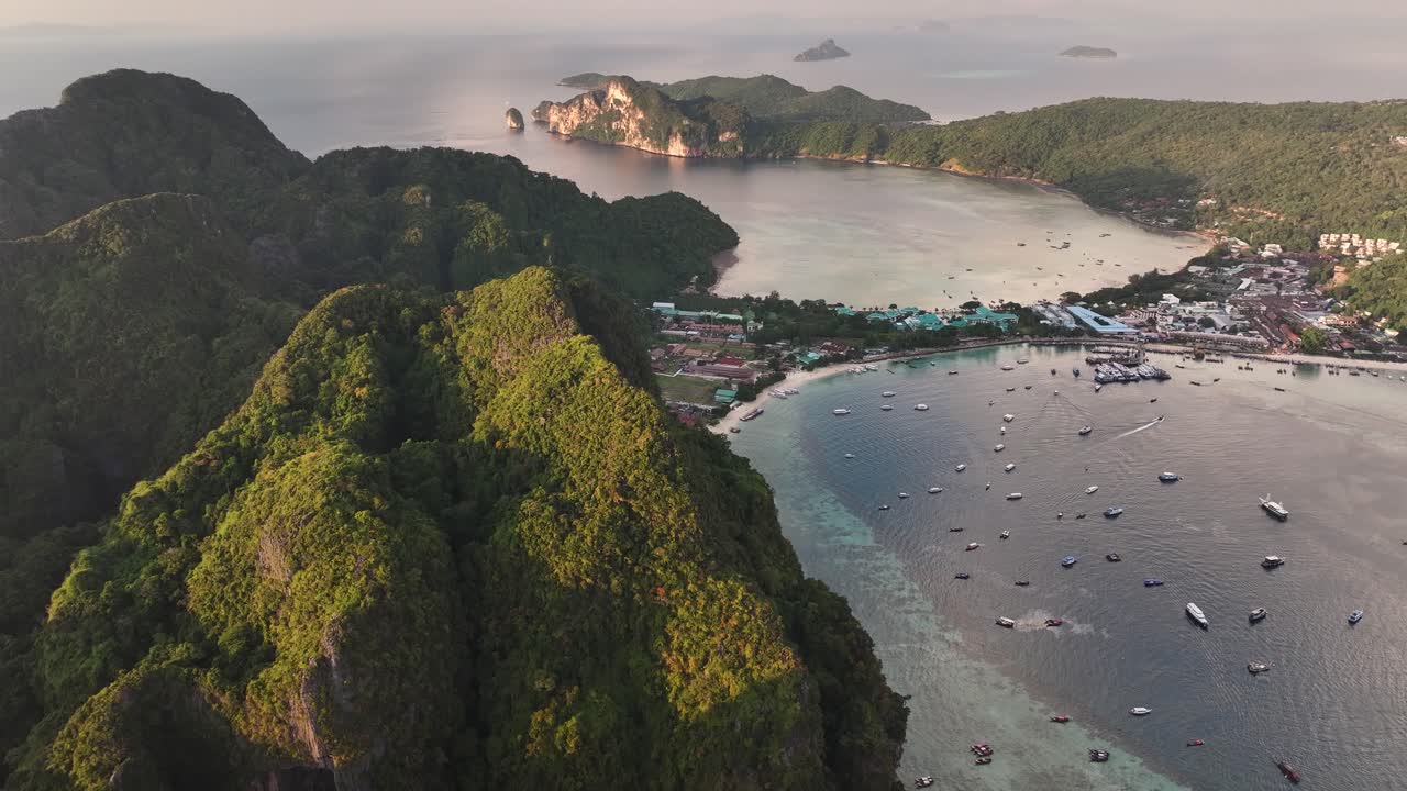 Aerial view of Koh Phi Phi Island and Ton Sai Beach. Famous holiday destination, Thailand.