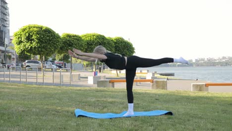 young woman yogi athlete doing yoga in park on green lawn exercising young woman yogi athlete doing yoga in park on green lawn exercising keeping leg in air acrobatic element actively stretching body